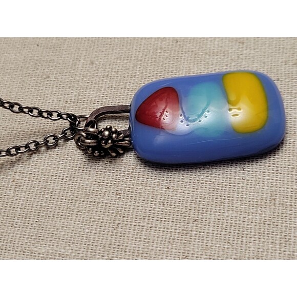 Modernist Modern Art Glass Pendant Charm Necklace Eclectic 30" Gunmetal Chain - Picture 6 of 8